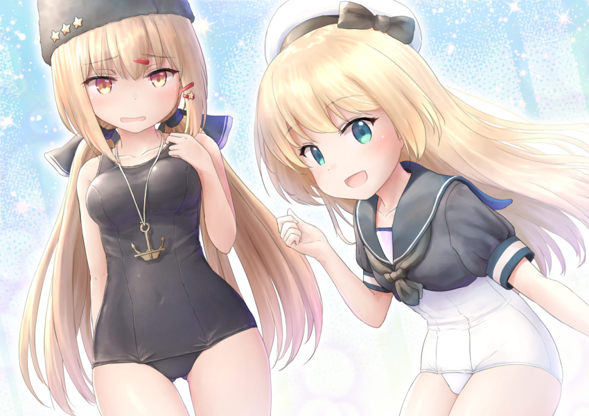 2girls :d adapted_costume alternate_costume anchor_necklace animal_ears bangs bare_arms bare_shoulders black_hat black_ribbon black_shirt black_swimsuit blonde_hair blue_background blue_sailor_collar blush breasts collarbone crop_top eyebrows_visible_through_hair gluteal_fold gradient gradient_background hair_ornament hair_ribbon hairclip hand_on_own_chest hat hat_ribbon highres jervis_(kantai_collection) jewelry kantai_collection long_hair looking_at_viewer low_twintails medium_breasts multicolored multicolored_eyes multiple_girls old_school_swimsuit one-piece_swimsuit open_mouth pendant puffy_short_sleeves puffy_sleeves red_eyes ribbon sailor_collar sailor_hat school_swimsuit shiny shiny_hair shirt short_sleeves smile sparkle star straight_hair swimsuit tareme tashkent_(kantai_collection) twintails very_long_hair wamu_(chartreuse) white_hat white_swimsuit yellow_eyes