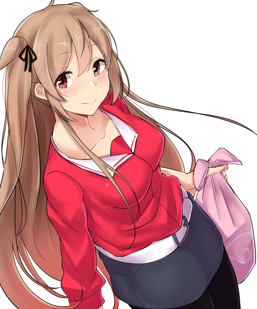1girl absurdres belt_buckle black_legwear blue_skirt blush breasts brown_eyes buckle closed_mouth collarbone hair_tie heterochromia highres holding_bag kantai_collection kiritto large_breasts light_brown_hair long_hair looking_at_viewer murasame_(kantai_collection) pink_bag red_eyes red_sweater remodel_(kantai_collection) sailor_collar simple_background skirt smile solo two_side_up very_long_hair white_background white_belt