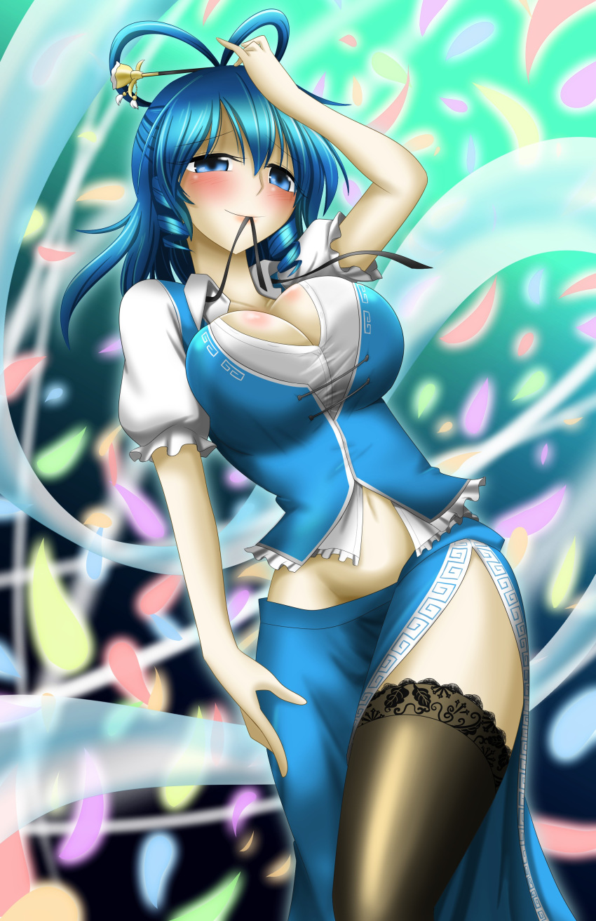 1girl absurdres black_legwear blue_eyes blue_hair blush breasts cherry_blossoms cleavage commentary_request hair_ornament hair_rings hair_stick hand_on_own_head highres hisin kaku_seiga large_breasts long_skirt looking_at_viewer midriff mouth_hold navel petals shawl short_sleeves side_slit skirt smile solo thigh-highs thighs touhou