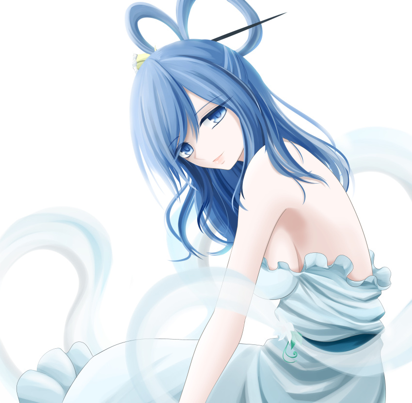 1girl absurdres bare_shoulders blue_dress blue_eyes blue_hair breasts commentary_request dress hair_ornament hair_rings hair_stick highres hisin kaku_seiga light_smile looking_at_viewer medium_breasts medium_hair shawl shoulders sideboob sitting solo strapless strapless_dress touhou