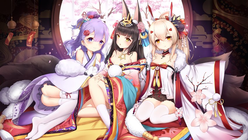 3girls ahoge animal_ear_fluff animal_ears ayanami_(azur_lane) ayanami_(pulse_of_the_new_year)_(azur_lane) azur_lane bangs bare_shoulders black_hair black_ribbon blonde_hair blush breasts detached_sleeves dress eyebrows_visible_through_hair fox_ears hair_between_eyes hair_bun hair_ornament hair_ribbon headgear high_ponytail highres indoors japanese_clothes kyuu_(16901040) long_hair looking_at_viewer multiple_girls nagato_(azur_lane) nagato_(guardian_fox's_shining_furisode)_(azur_lane) one_side_up open_mouth orange_eyes panties pantyshot pleated_skirt ponytail purple_hair ribbon side_bun skirt stuffed_animal stuffed_toy stuffed_unicorn thigh-highs underwear unicorn_(azur_lane) unicorn_(prayer_of_plum_and_snow)_(azur_lane) very_long_hair violet_eyes white_dress white_legwear white_panties yellow_eyes