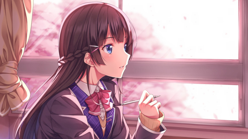 1girl bangs black_jacket blazer blunt_bangs blush bow bowtie braid buttons cherry_blossoms collared_shirt curtains day eyebrows_visible_through_hair french_braid from_side hair_ornament hairclip highres holding holding_pen indoors jacket light_rays long_hair long_sleeves looking_afar looking_away nijisanji parted_lips pen red_bow red_neckwear shiny shiny_hair shirt solo spring_(season) straight_hair sunbeam sunlight tsukino_mito upper_body virtual_youtuber window wing_collar yuuri_nayuta