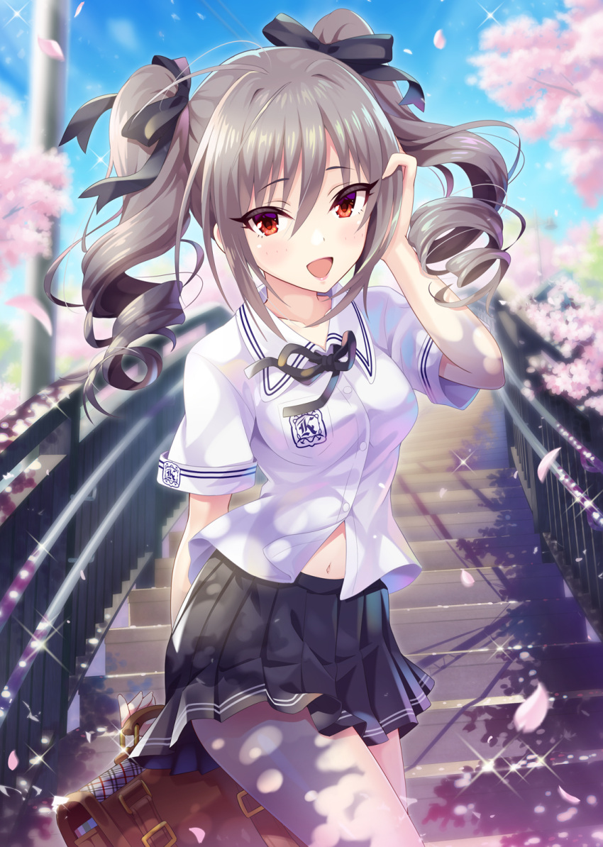 1girl bangs black_ribbon breasts briefcase brown_bag cherry_blossoms cowboy_shot drill_hair eyebrows_visible_through_hair hair_ribbon highres idolmaster idolmaster_cinderella_girls kanzaki_ranko looking_at_viewer medium_breasts navel neck_ribbon open_mouth petals pleated_skirt red_eyes ribbon school_uniform shirt silver_hair skirt smile sparkle stairs twin_drills urabi_(tomatohouse) white_shirt wind