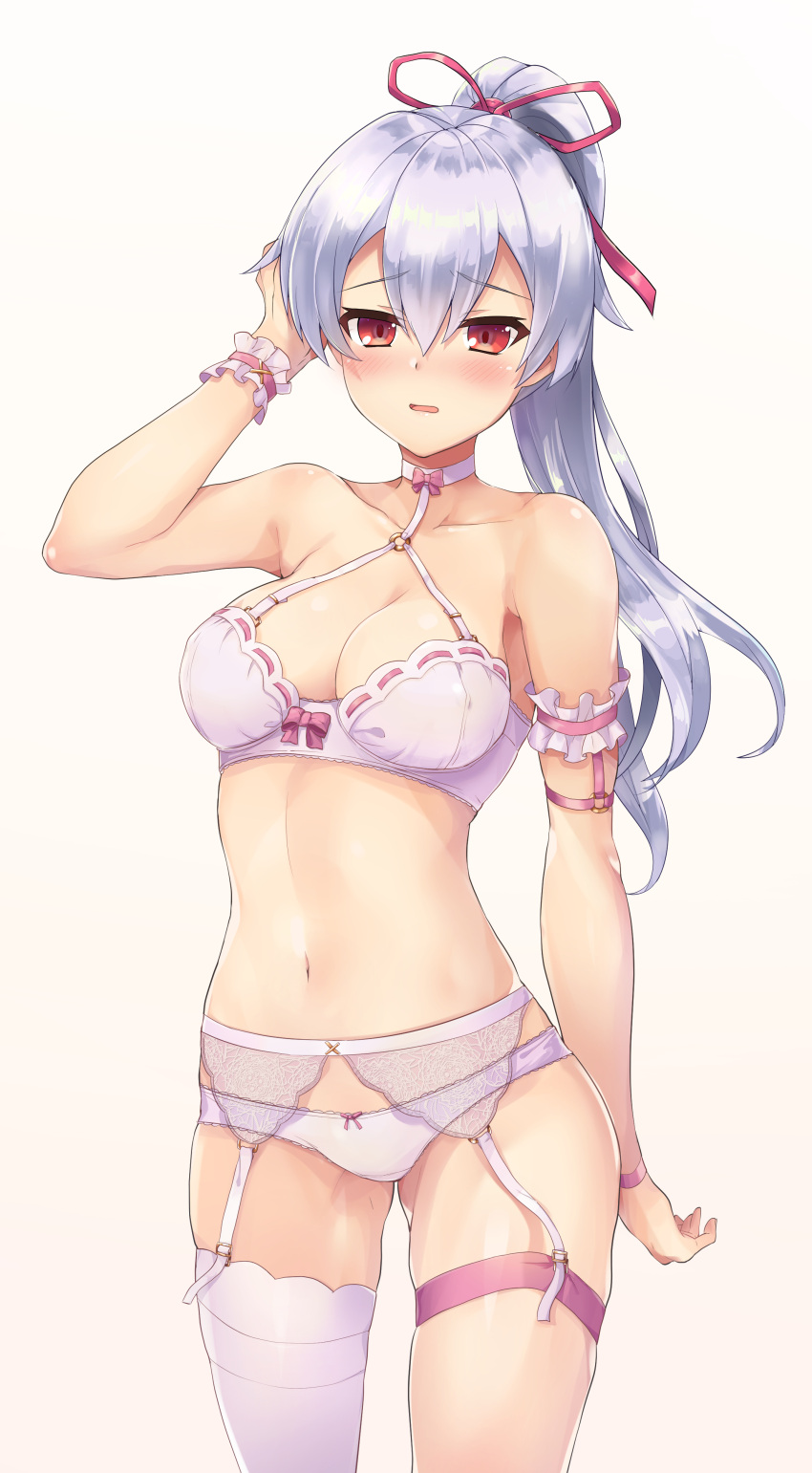 1girl absurdres arm_at_side arm_up bangs bare_shoulders blush bra breasts cleavage collarbone cosplay cowboy_shot eyebrows_visible_through_hair fate/grand_order fate_(series) frills garter_belt gluteal_fold hair_ribbon halter_top halterneck hand_in_hair highres looking_at_viewer medium_breasts navel open_mouth panties ponytail red_eyes red_ribbon ribbon ribbon-trimmed_bra samoore see-through shiny shiny_hair shiny_skin silver_hair single_thighhigh solo standing stomach thigh-highs thigh_strap tomoe_gozen_(fate/grand_order) underwear underwear_only white_bra white_legwear white_panties wrist_cuffs wristband
