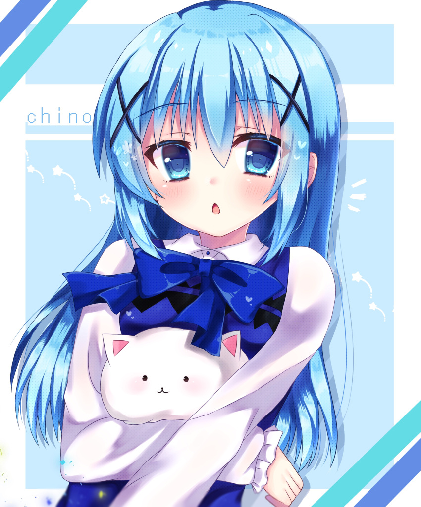 1girl absurdres angora_rabbit blue_bow blue_eyes blue_hair blue_neckwear blue_vest bow bowtie character_name commentary_request eyebrows_visible_through_hair gochuumon_wa_usagi_desu_ka? hair_ornament highres kafuu_chino kagarin_(kagarin0790) light_blue_hair long_hair long_sleeves open_mouth rabbit rabbit_house_uniform solo tippy_(gochiusa) vest x_hair_ornament