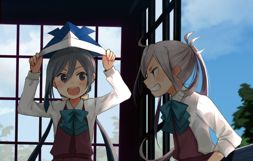 2girls ahoge annin_musou aqua_neckwear asashimo_(kantai_collection) bow bowtie dress grey_eyes grey_hair grin hair_between_eyes kantai_collection kiyoshimo_(kantai_collection) long_hair long_sleeves low_twintails multiple_girls open_mouth ponytail purple_dress shirt sleeveless sleeveless_dress smile twintails white_shirt