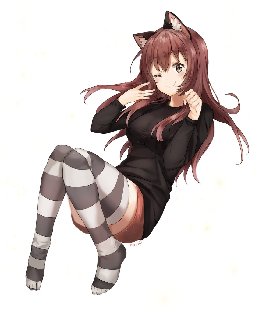 1girl animal_ears black_sweater blush breasts brown_eyes brown_hair cat_ears closed_mouth commentary commission english english_commentary eyebrows_visible_through_hair full_body hands_up highres large_breasts long_sleeves looking_at_viewer mochii one_eye_closed original signature simple_background smile solo striped striped_legwear sweater thigh-highs white_background
