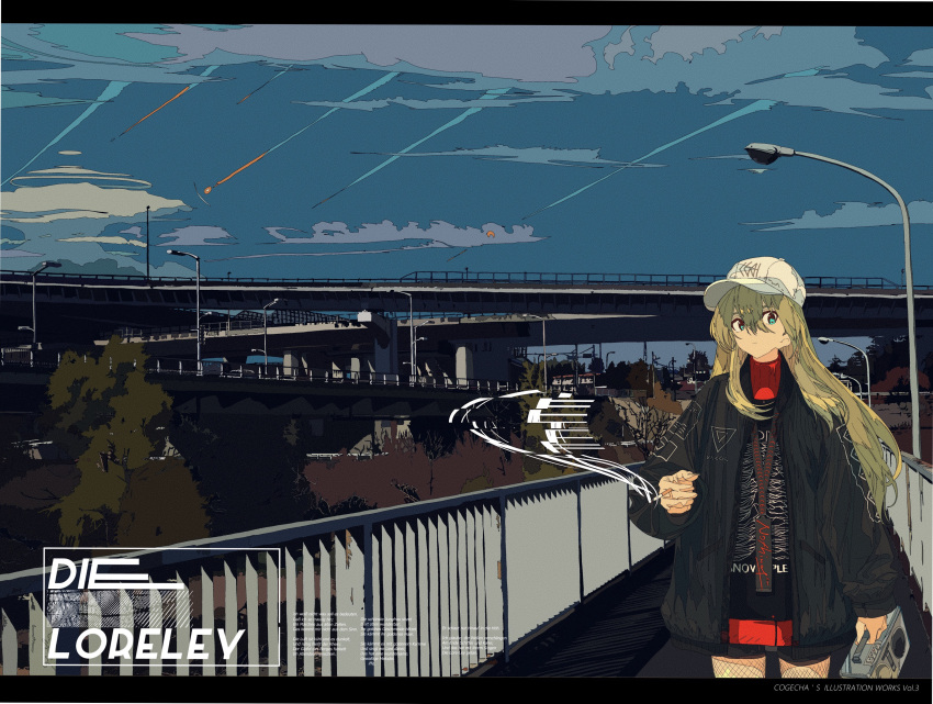 1girl absurdres blonde_hair blue_eyes boombox fishnet_pantyhose fishnets hat highres jacket kogecha_(coge_ch) long_hair original pantyhose road shorts sky smoking solo street