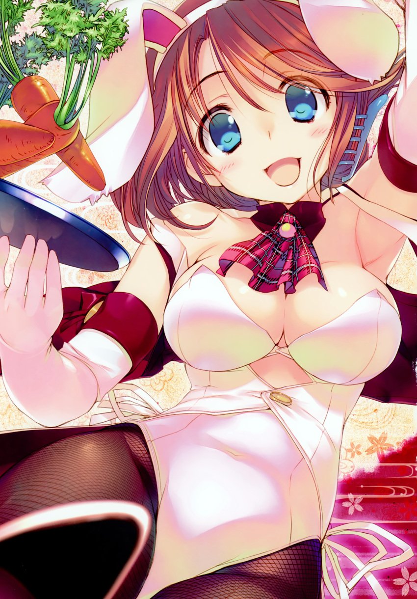 1girl absurdres amazuyu_tatsuki animal_ears armpits bangs bare_shoulders blue_eyes blush breasts brown_hair bunnysuit carrot cleavage detached_collar elbow_gloves eyebrows_visible_through_hair fake_animal_ears fishnet_pantyhose fishnets folded_ponytail food gloves highres holding jacket komaki_manaka leotard looking_at_viewer off_shoulder official_art open_clothes open_jacket open_mouth pantyhose rabbit_ears scan simple_background sleeveless smile strapless strapless_leotard to_heart_2 tray white_gloves white_leotard