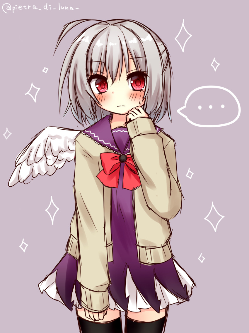 ... 1girl bangs black_legwear blush bow brown_background brown_jacket closed_mouth dress eyebrows_visible_through_hair feathered_wings grey_hair hair_between_eyes hand_up highres himetsuki_luna jacket kishin_sagume long_sleeves open_clothes open_jacket purple_dress red_bow red_eyes simple_background single_wing sleeves_past_wrists solo sparkle spoken_ellipsis sweat thigh-highs touhou twitter_username white_wings wings