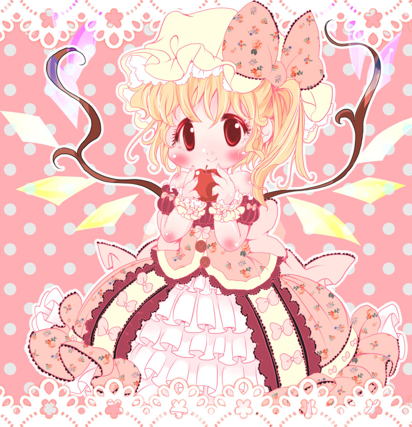 1girl apple bangs blonde_hair blush bow child crystal dress flandre_scarlet floral_print food frilled_cuffs frilled_dress frills fruit hands_up hat hat_bow highres holding holding_fruit lace_border lolita_fashion looking_at_viewer mob_cap pink_background pink_bow polka_dot polka_dot_background print_bow print_dress red_eyes side_ponytail smile solo touhou wings wrist_cuffs yellow_hat zatsuni