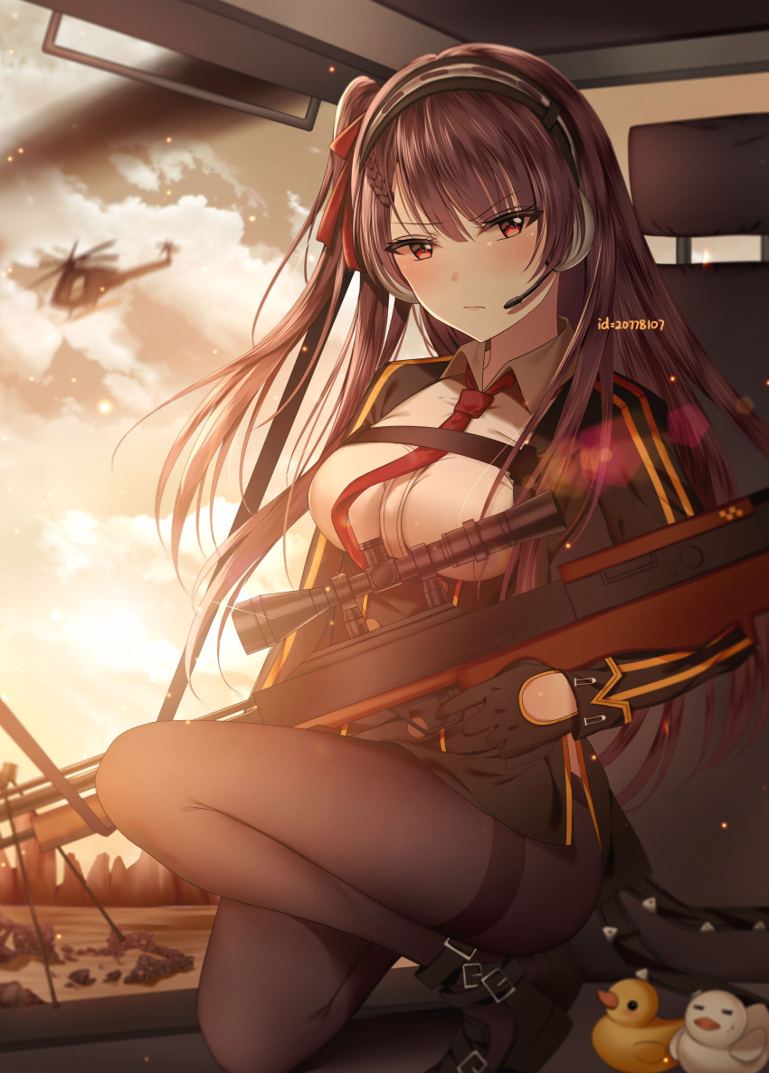 1girl absurdres aircraft bangs belt belt_boots bipod black_footwear black_gloves black_legwear black_skirt blunt_bangs blush boots braid breasts brown_hair buckle bullpup closed_mouth clouds cloudy_sky collared_shirt evening eyebrows_visible_through_hair floating_hair framed_breasts girls_frontline gloves gun hair_between_eyes hair_ribbon half-closed_eyes half_updo headset helicopter highres holding holding_gun holding_weapon junpaku_karen large_breasts light_particles long_hair long_sleeves looking_at_viewer necktie one_knee one_side_up pantyhose pixiv_id purple_hair red_eyes red_neckwear ribbon rifle rubber_duck scope serious shirt shoes side_slit sidelocks skirt sky sniper_rifle solo sparkle thighband_pantyhose trigger_discipline very_long_hair wa2000_(girls_frontline) walther walther_wa_2000 weapon white_shirt wind wind_lift