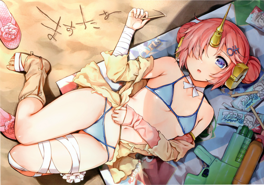 1girl arm_warmers bandage bandaged_arm bandaged_leg bangs bare_shoulders beach beach_towel bikini blue_bikini blue_eyes breasts day double_bun fate/apocrypha fate/grand_order fate_(series) feet frankenstein's_monster_(fate) frankenstein's_monster_(swimsuit_saber)_(fate) from_above full_body hair_ornament hair_over_one_eye hairpin halter_top halterneck highres horn looking_at_viewer lying navel on_back outdoors pink_hair sand sand_writing sandals sandals_removed scan short_hair small_breasts solo swimsuit toes towel umakuchi_shouyu water_gun
