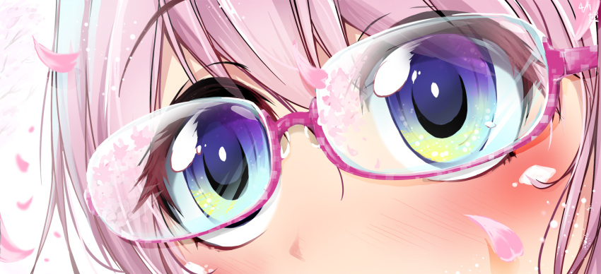 1girl bangs blue_eyes blush bright_pupils close-up eyebrows_visible_through_hair eyes face glasses highres nakareki original petals pink-framed_eyewear semi-rimless_eyewear shiny shiny_hair solo spring_(season) tareme under-rim_eyewear