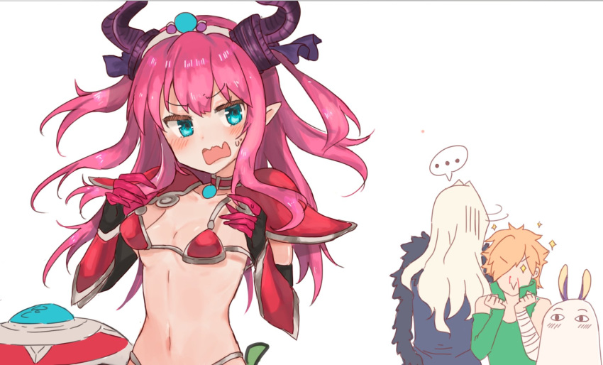 &lt;o&gt;_&lt;o&gt; +_+ ... 1girl 2boys :&gt; armor bandage bandaged_arm bangs bikini bikini_armor blood blue_eyes blush breasts character_request choker closed_mouth curled_horns dragon_horns elizabeth_bathory_(brave)_(fate) elizabeth_bathory_(fate)_(all) eyebrows_visible_through_hair facing_away fang fate/grand_order fate_(series) green_shirt hair_ribbon head_tilt highres horns jackal_ears light_brown_hair long_hair long_sleeves medjed mochii multiple_boys navel nosebleed open_mouth oversized_clothes pauldrons pink_hair pointy_ears purple_ribbon red_bikini red_choker ribbon robin_hood_(fate) shield shirt single_sleeve small_breasts spoken_ellipsis string_bikini sweat swimsuit tiara two_side_up vambraces very_long_hair wavy_mouth white_background