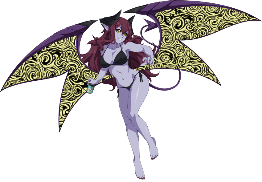 1girl absurdres barefoot bikini black_bikini black_sclera breasts can cleavage demon_girl demon_horns demon_tail fearless_night full_body hell_princess highres horns large_breasts long_hair low_wings meme mountain_dew nail_polish navel pointy_ears product_placement purple_nails purple_skin redhead side-tie_bikini smile soda_can solo spike_wible swimsuit tail toenail_polish transparent_background under_boob wings yellow_eyes