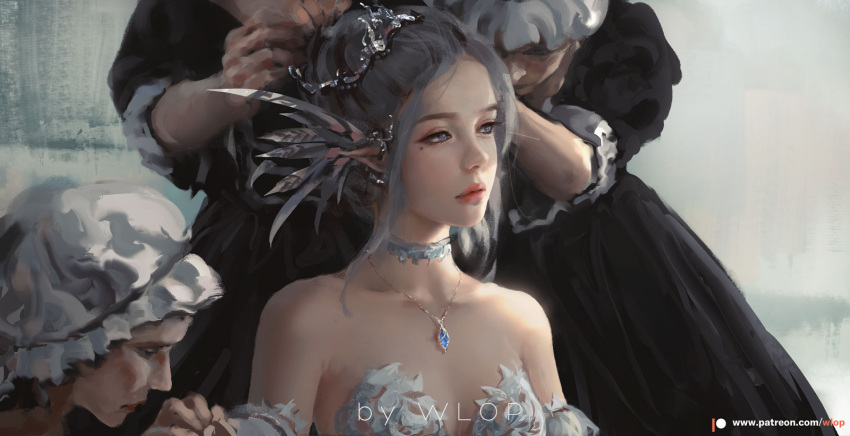 3girls artist_name bare_shoulders blue_eyes breasts choker cleavage closed_mouth commentary ghostblade grey_hair hair_ornament highres looking_away multiple_girls patreon_username wlop
