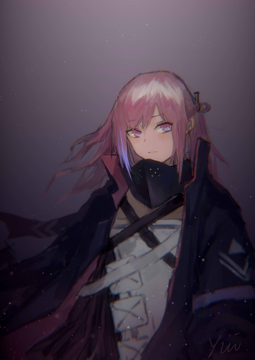 1girl absurdres armband armor bangs blue_eyes blue_hair blush closed_mouth coat digi-mind_update_(girls_frontline) dress dust_particles eyebrows_visible_through_hair floating_hair girls_frontline hair_between_eyes hair_ornament highres long_hair looking_at_viewer multicolored_hair open_clothes open_coat pink_hair ponytail scarf sidelocks signature solo st_ar-15_(girls_frontline) streaked_hair wind wind_lift yui_(92935941)