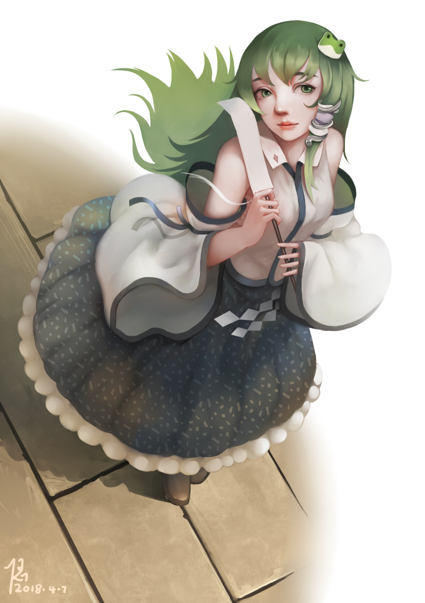 1girl absurdres dated detached_sleeves diandianzai frog_hair_ornament from_above green_eyes green_hair hair_ornament highres kochiya_sanae lips long_hair long_skirt looking_at_viewer nose signature skirt snake_hair_ornament solo standing touhou wide_sleeves