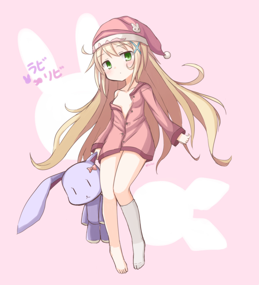 1girl blonde_hair blush closed_mouth copyright_name floating_hair frr_(akf-hs) full_body green_eyes hair_ornament hat highres kneehighs long_hair long_sleeves miru_(rabi_ribi) no_bra no_pants off_shoulder pajamas partially_unbuttoned pink_background pink_pajamas rabi-ribi simple_background single_kneehigh sleeping_cap solo stuffed_animal stuffed_bunny stuffed_toy twitter_username very_long_hair white_legwear x_hair_ornament