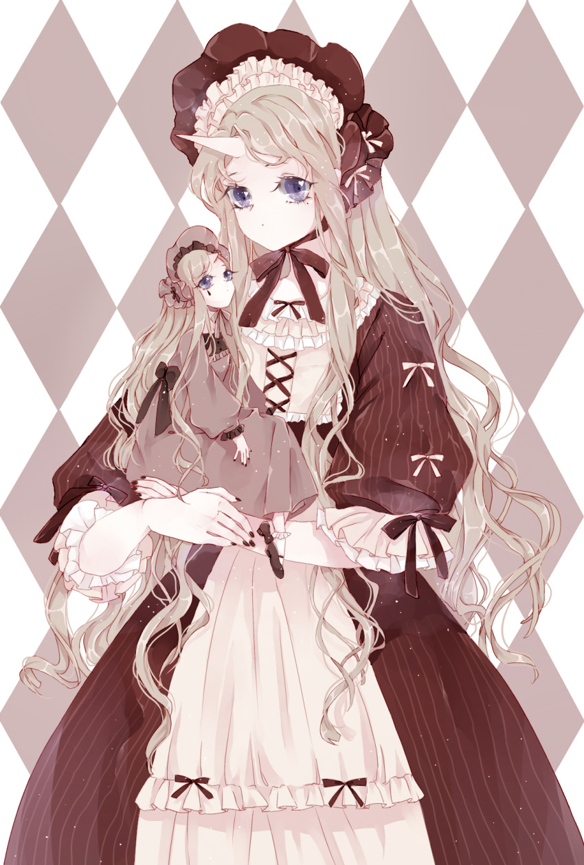 1girl argyle argyle_background black_footwear black_nails black_ribbon blue_eyes bobby_socks bonnet chin_strap commentary_request cross-laced_clothes doll dress expressionless frilled_shirt_collar frilled_sleeves frills fu_yao_(1091635255) grey_hair highres holding holding_doll horn horns long_hair mary_janes nail_polish original pale_skin ribbon shoes socks solo wavy_hair white_ribbon