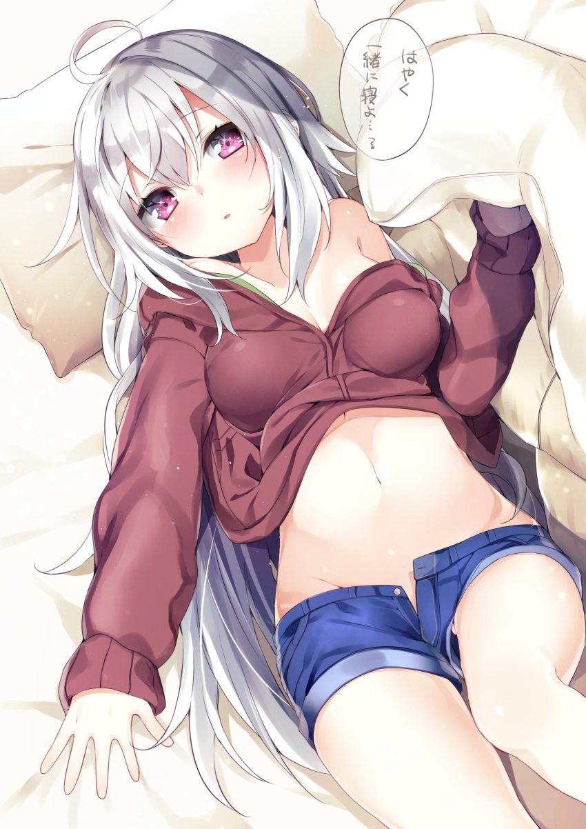 1girl absurdres blush highres kamioka_shun'ya long_hair midriff navel off_shoulder original pink_eyes short_shorts shorts silver_hair unbuttoned