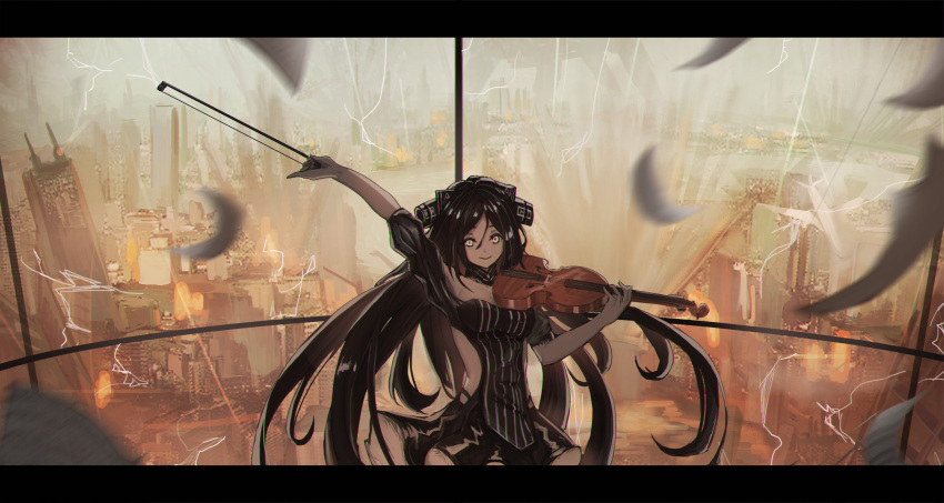 1girl aer7o bangs black_dress black_hair blurry blurry_foreground building cityscape closed_mouth collarbone cracked_glass depth_of_field dreamer_(girls_frontline) dress explosion feathers fire floating_hair girls_frontline hair_between_eyes hair_ornament headgear highres holding holding_instrument instrument letterboxed long_hair looking_at_viewer music outstretched_arm pinky_out playing_instrument ruins sangvis_ferri shoulder_cutout side_cutout sidelocks smile solo striped striped_dress very_long_hair violin white_feathers wind wind_lift yellow_eyes