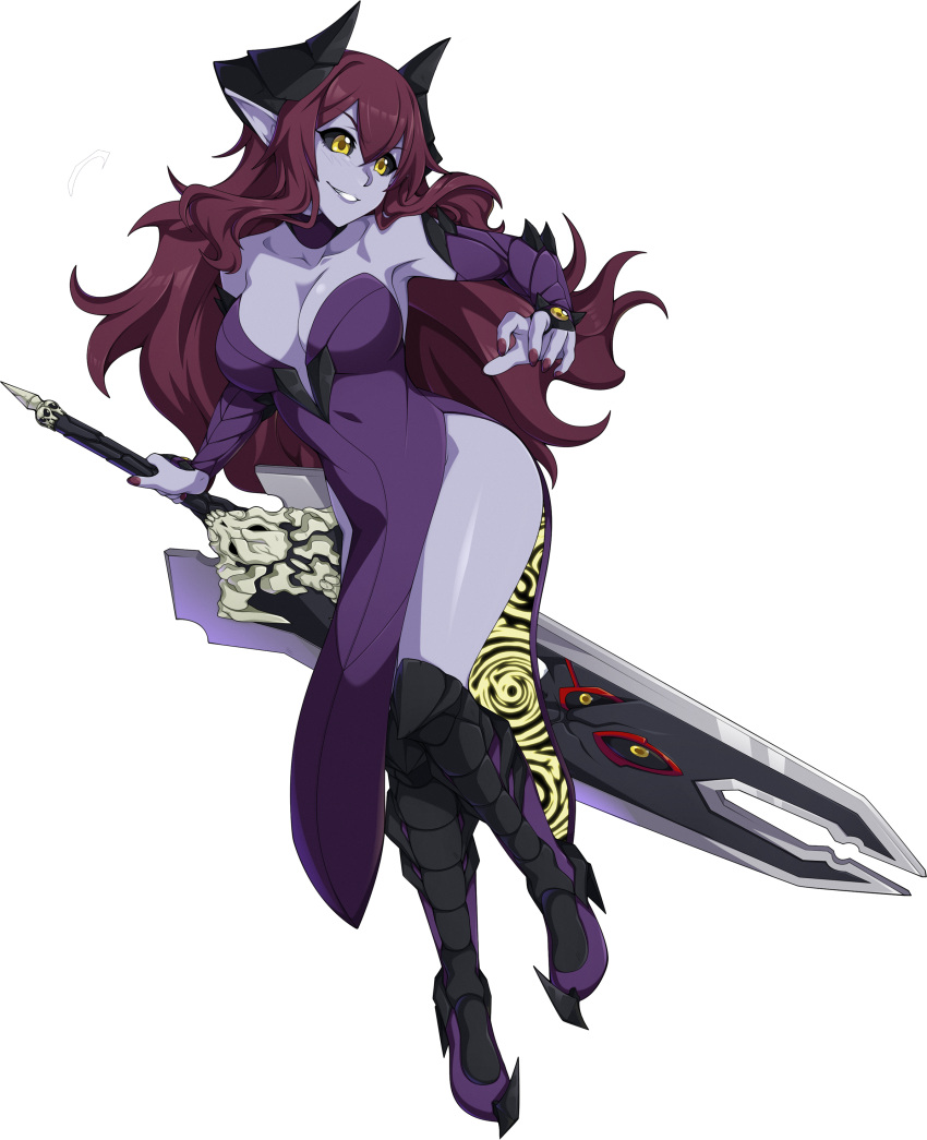 1girl absurdres black_sclera breasts choker cleavage demon_girl demon_horns demon_tail dress fearless_night full_body greaves hell_princess highleg highleg_dress highres horns huge_weapon large_breasts lips long_hair no_wings pelvic_curtain pointy_ears purple_dress purple_skin redhead reverse_grip smile solo spike_wible tail transparent_background weapon yellow_eyes