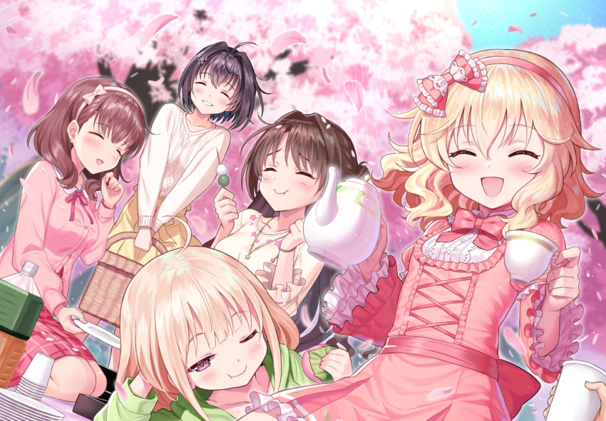 5girls ahoge black_hair blonde_hair blush brown_hair cherry_blossoms closed_eyes cup dango disposable_cup dress dutch_angle food futaba_anzu hair_intakes idolmaster idolmaster_cinderella_girls kohinata_miho long_hair lying matanonki multiple_girls on_side one_eye_closed open_mouth out_of_frame petals sakuma_mayu sakurai_momoka shimamura_uzuki short_hair sitting smile standing teacup teapot wagashi