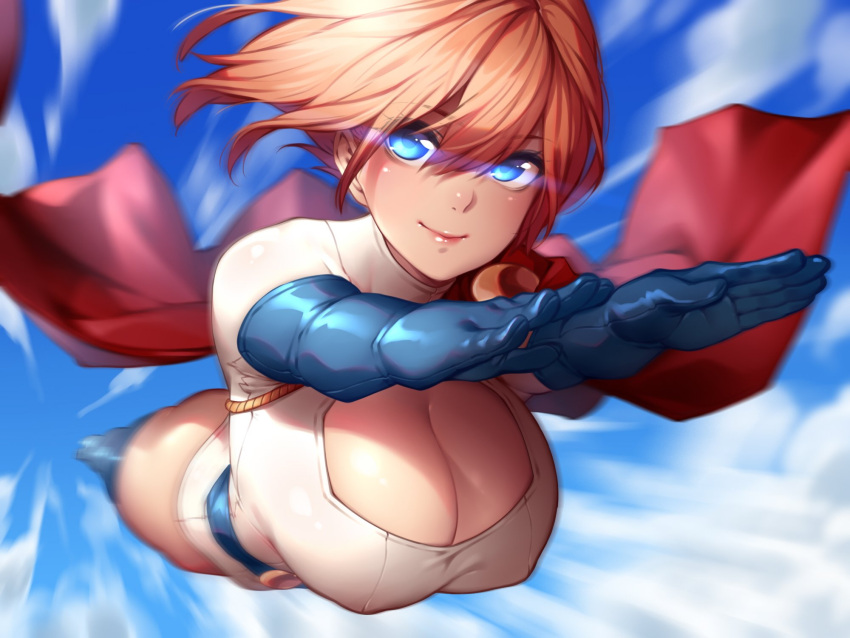 1girl blonde_hair blue_eyes blue_sky breasts cape cleavage cleavage_cutout clouds cloudy_sky day dc_comics elbow_gloves flying gloves glowing glowing_eyes highleg highleg_leotard highres large_breasts leotard looking_at_viewer power_girl red_cape short_hair sky smile solo superhero superman_(series) yin-ting_tian