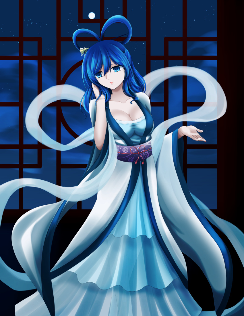 1girl absurdres adjusting_hair alternate_costume blue_dress blue_eyes blue_hair breasts chinese_clothes cleavage commentary_request dress frilled_dress frills full_moon hair_ornament hair_rings hair_stick hanfu head_tilt highres hisin kaku_seiga large_breasts layered_dress looking_at_viewer medium_hair moon shawl solo touhou window