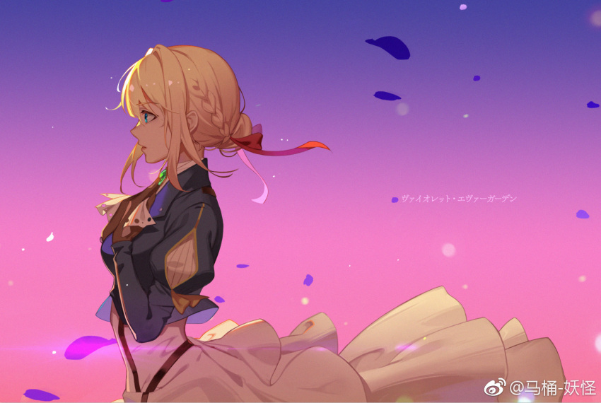 1girl 254365416 bangs blonde_hair blue_eyes blue_jacket braid brooch dress eyebrows_visible_through_hair from_side gloves hair_between_eyes hair_intakes hair_ribbon hand_on_own_chest jacket jewelry long_sleeves petals red_ribbon ribbon solo violet_(flower) violet_evergarden violet_evergarden_(character)