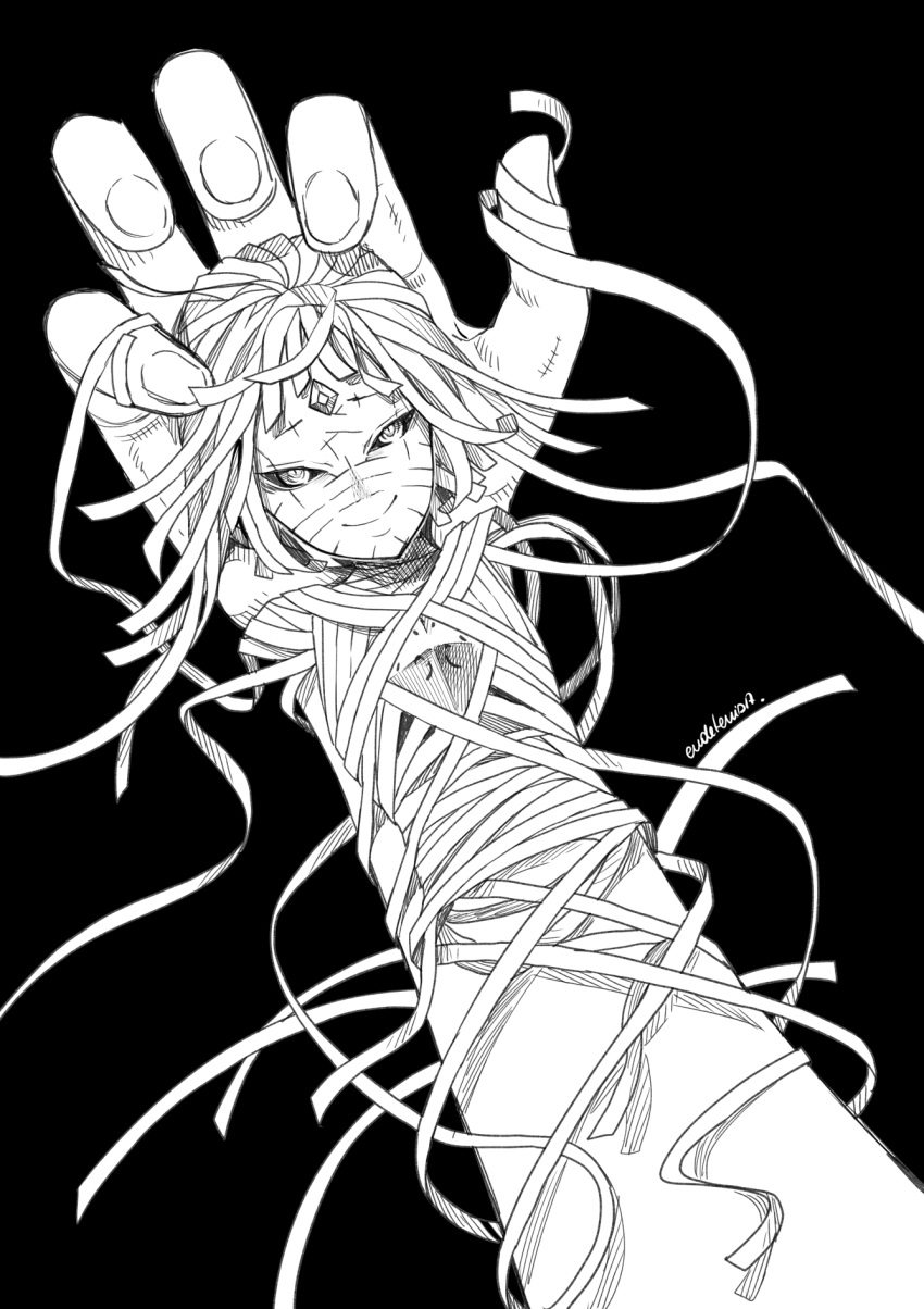 1girl arm artist_name black_background black_sclera commission eudetenis forehead_jewel hands highres looking_at_viewer monochrome original smile wrapped_up