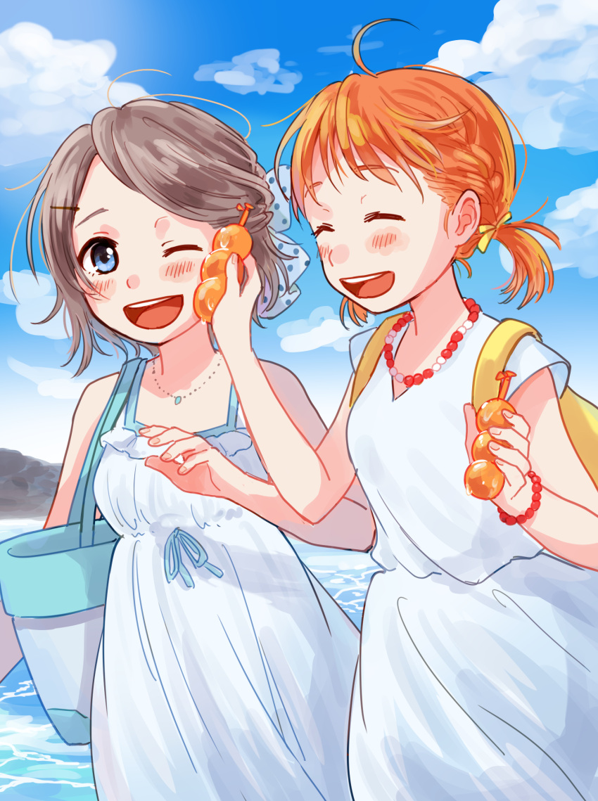 2girls ;d ^_^ ahoge alternate_hairstyle backpack bag bangs bead_necklace beads blue_bow blush bow braid closed_eyes dress hair_bow hair_ornament hair_ribbon hairpin half_updo handbag highres holding hotoke_(zz_orz) jewelry love_live! love_live!_sunshine!! multiple_girls necklace ocean one_eye_closed open_mouth polka_dot polka_dot_bow ribbon short_hair short_twintails smile sundress takami_chika tupet twintails watanabe_you white_dress yellow_ribbon