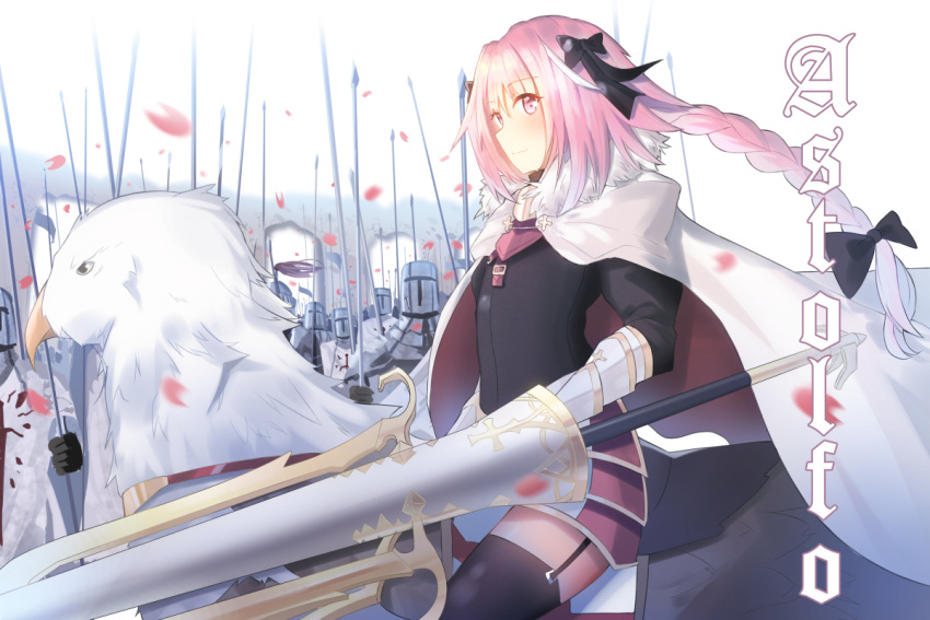 1boy armor army astolfo_(fate) bangs black_bow black_gloves black_ribbon black_shirt blush bow braid buckle cape character_name cherry_blossoms closed_mouth cross eyebrows_visible_through_hair falling_petals fang fate/apocrypha fate_(series) faulds floating_hair full_armor fur-trimmed_cape fur_trim garter_straps gauntlets gloves griffin hair_between_eyes hair_bow hair_ribbon helm helmet knight lance long_hair long_sleeves looking_at_viewer male_focus miamuly motion_blur multicolored_hair on_animal pink_eyes pink_hair polearm ribbon riding saddle shirt side_glance single_braid sitting smile spear standing streaked_hair trap weapon white_background white_cape white_hair wind