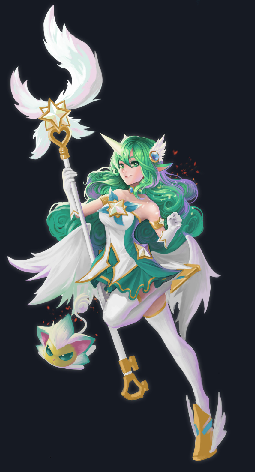 1girl absurdres alternate_costume alternate_eye_color alternate_hair_color animal_ears armlet bare_shoulders black_background breasts choker curly_hair elbow_gloves gloves green_eyes green_hair hair_ornament highres horn league_of_legends long_hair looking_at_viewer magical_girl medium_breasts pointy_ears simple_background skirt solo soraka staff standing standing_on_one_leg star_guardian_soraka thigh-highs very_long_hair white_gloves white_legwear white_wings wings yuudokou_shounen