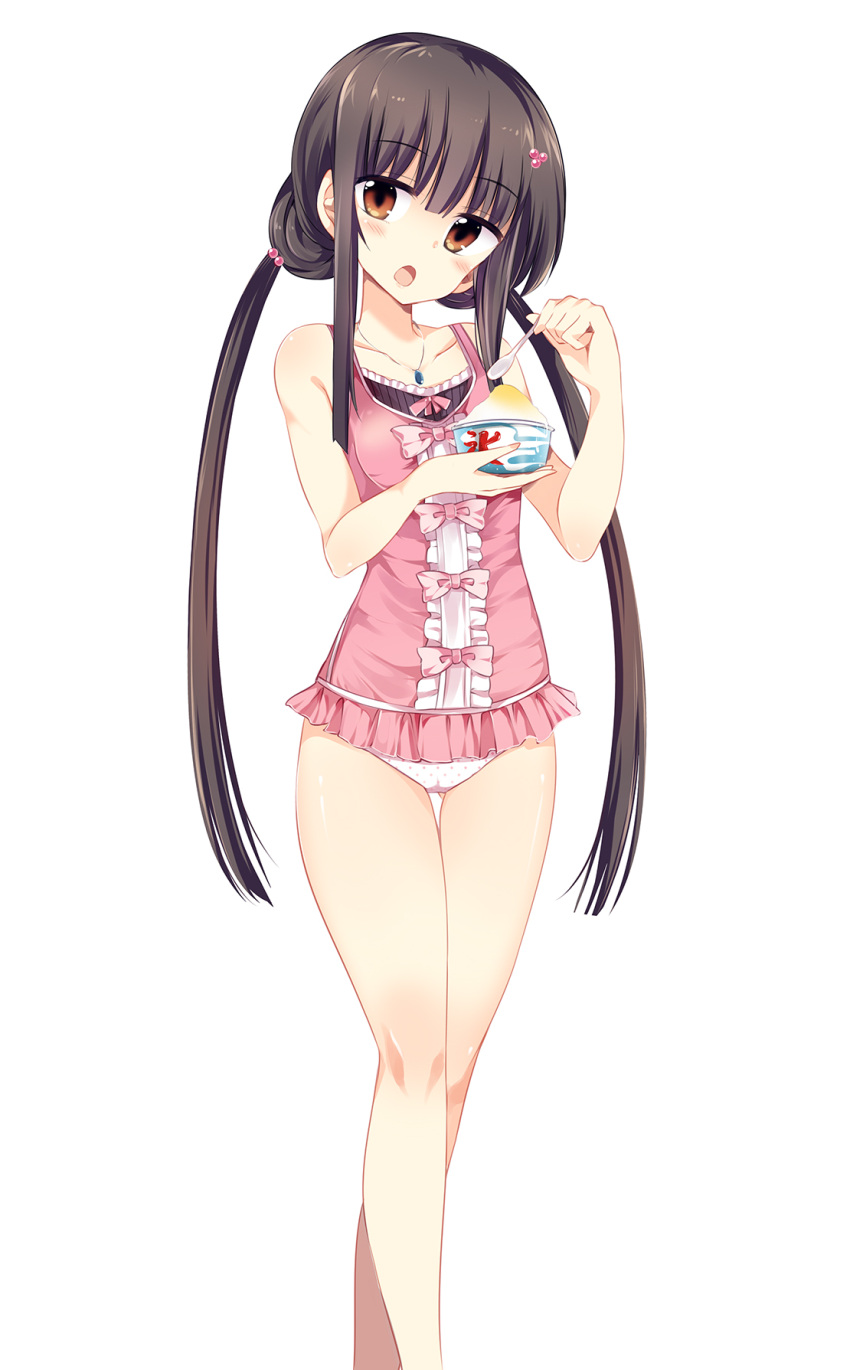 1girl alternate_hairstyle bangs bikini black_hair breasts brown_eyes center_frills collarbone hair_bobbles hair_ornament head_tilt highres houraisan_kaguya jewelry long_hair looking_at_viewer low_twintails maturiuta_sorato necklace one-piece_swimsuit open_mouth pendant pink_swimsuit polka_dot shaved_ice simple_background solo spoon standing swimsuit thigh_gap touhou twintails very_long_hair white_background