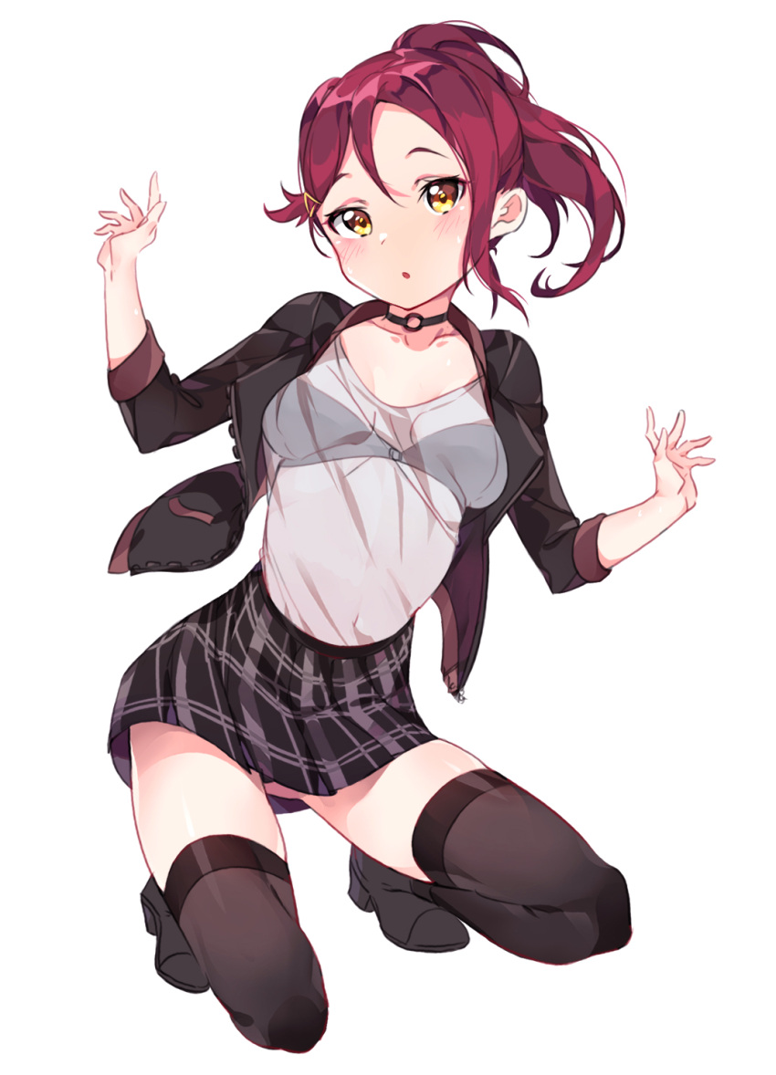 1girl :o black_bra black_legwear blush boots bra choker highres jacket long_hair looking_at_viewer love_live! love_live!_school_idol_project love_live!_sunshine!! open_clothes open_jacket plaid plaid_skirt ponytail redhead sakurauchi_riko see-through skirt solo tem10 thigh-highs underwear yellow_eyes