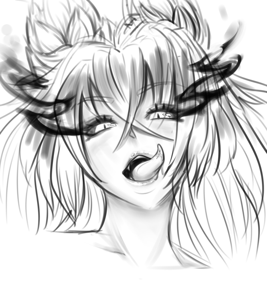 1girl animal_ears burning_eyes eyebrows_visible_through_hair fang greyscale hellhound highres licking_lips loen-lapae looking_at_viewer monochrome monster_girl_encyclopedia open_mouth portrait sketch slit_pupils solo tongue tongue_out wolf_ears
