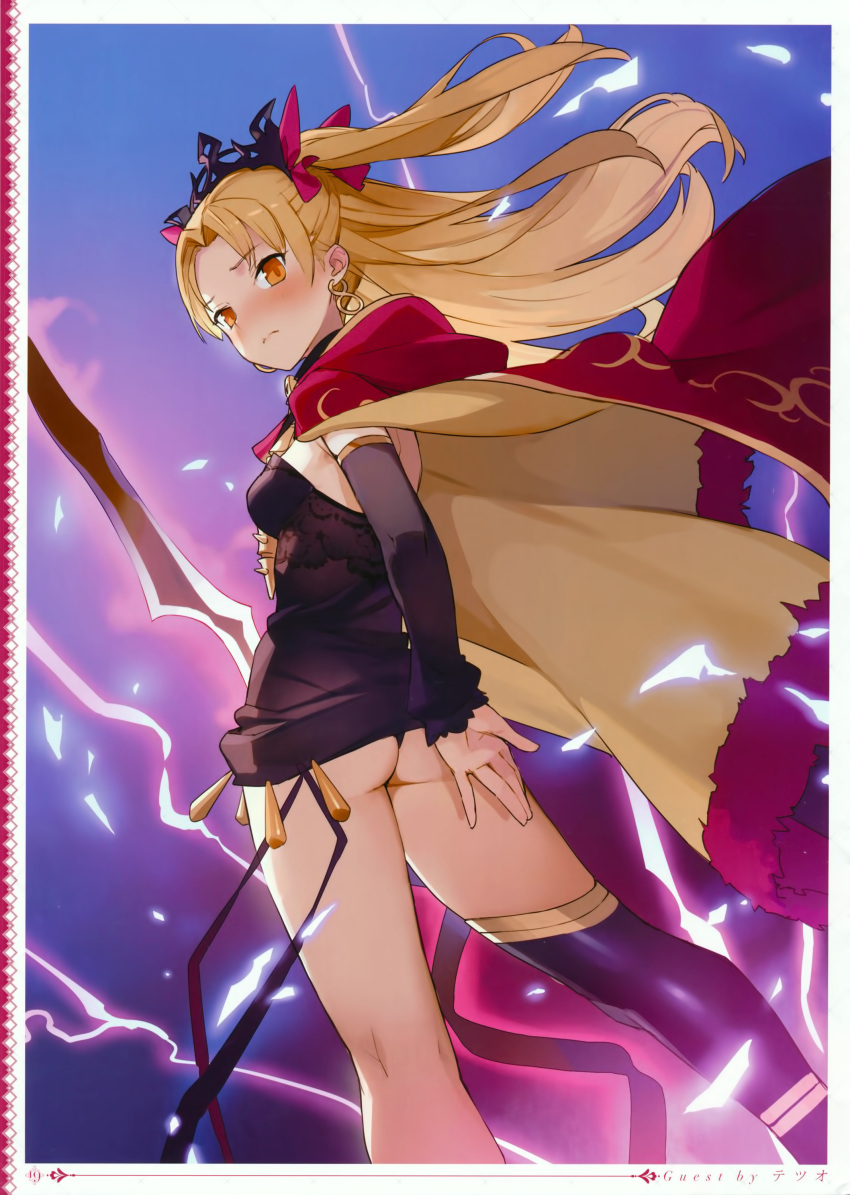 1girl absurdres arm_behind_back artist_name ass bangs bare_legs black_dress black_legwear black_panties blonde_hair blush breasts brown_eyes cape closed_mouth covering covering_ass detached_sleeves dress earrings electricity ereshkigal_(fate/grand_order) fate/grand_order fate_(series) from_behind frown hair_ribbon highres infinity jewelry legs_apart long_hair long_sleeves looking_back nose_blush orange_eyes page_number panties pantyshot pantyshot_(standing) parted_bangs pink_ribbon red_cape ribbon scan short_dress single_detached_sleeve single_thighhigh sleeves_past_wrists small_breasts solo spine standing straight_hair tassel tetsuo_(amenohutikoma) thigh-highs tiara tohsaka_rin twintails underwear upskirt