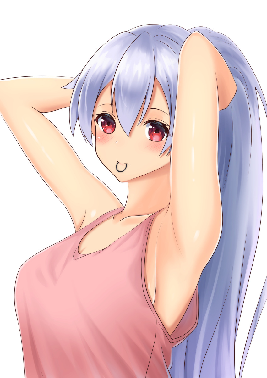 1girl absurdres alternate_costume armpits arms_up breasts closed_mouth collarbone commentary_request eyebrows_visible_through_hair fate/grand_order fate_(series) furan_(pixiv20237436) hair_between_eyes hair_tie hand_up high_ponytail highres holding long_hair looking_at_viewer mouth_hold ponytail red_eyes shirt sideboob solo tomoe_gozen_(fate/grand_order) upper_body white_hair