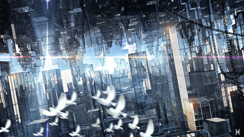 architecture bird blue_sky building chains cityscape clouds cloudy_sky day glass highres light_rays motion_blur no_humans original pisces reflection scenery shine sky skyscraper urban waisshu_(sougyokyuu) watermark window