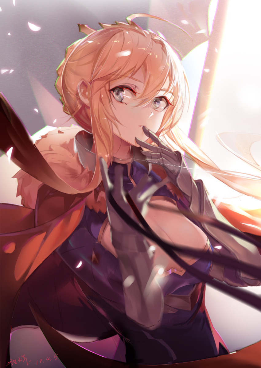1girl ahoge armor armored_dress artoria_pendragon_(all) artoria_pendragon_(lancer) bangs blonde_hair blue_dress blurry blurry_foreground braid dated depth_of_field dress eyebrows_visible_through_hair fate/grand_order fate_(series) finger_to_mouth fur_trim gauntlets grey_eyes hair_between_eyes head_tilt highres holding holding_reins long_hair parted_lips rabbit_(tukenitian) reins sidelocks signature solo