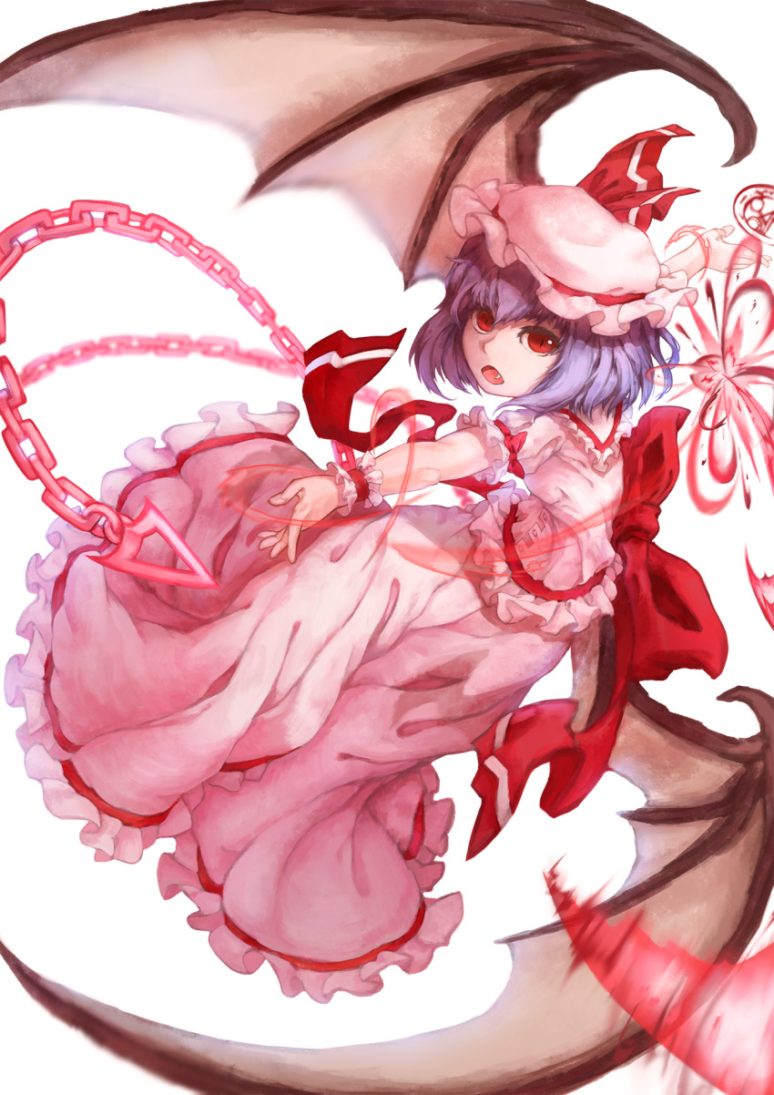 1girl bat_wings blue_hair chkai2281 dress fang fangs highres large_wings looking_at_viewer looking_to_the_side open_mouth red_eyes remilia_scarlet sharp_teeth short_hair simple_background smile teeth the_embodiment_of_scarlet_devil touhou white_background white_dress wings