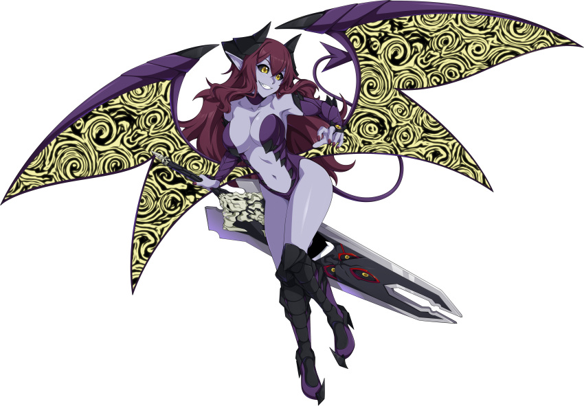 1girl absurdres black_sclera breasts center_opening choker cleavage commentary demon_girl demon_horns demon_tail fearless_night full_body gauntlets greaves grin hell_princess highres horns huge_weapon large_breasts lips long_hair low_wings navel pointy_ears purple_skin redhead reverse_grip smile solo spike_wible stomach sword tail transparent_background weapon wings yellow_eyes