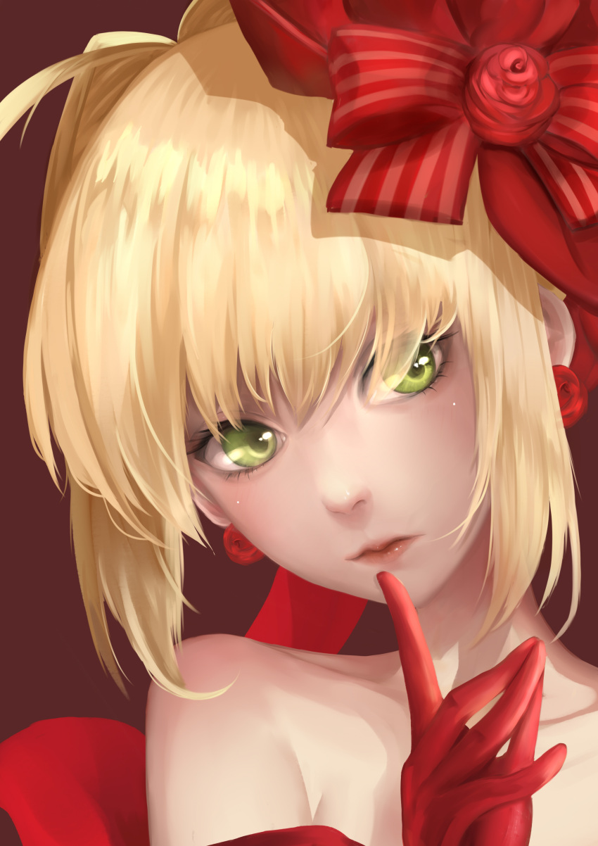 1girl absurdres ahoge bangs bare_shoulders blonde_hair bow collarbone earrings eyelashes eyes_visible_through_hair face fate/extra fate_(series) finger_to_mouth gloves green_eyes hair_bow hair_intakes head_tilt highres jewelry lips looking_to_the_side nero_claudius_(fate) nero_claudius_(fate)_(all) red_bow red_gloves red_lips solo yoruka_kii