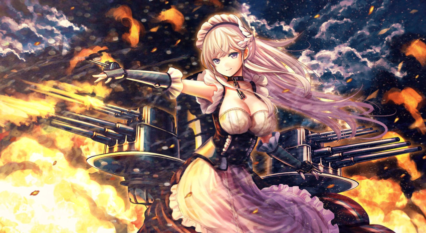 1girl apron azur_lane bangs belfast_(azur_lane) blue_eyes blush braid breasts cannon catbell chains cleavage clouds cloudy_sky collar collarbone dress evening explosion eyebrows_visible_through_hair fire firing floating_hair french_braid frills gloves hair_between_eyes highres large_breasts long_hair looking_afar machinery maid maid_headdress outstretched_arm rigging sidelocks silver_hair sky smile smoke smoke_trail solo spray turrets water_drop white_gloves