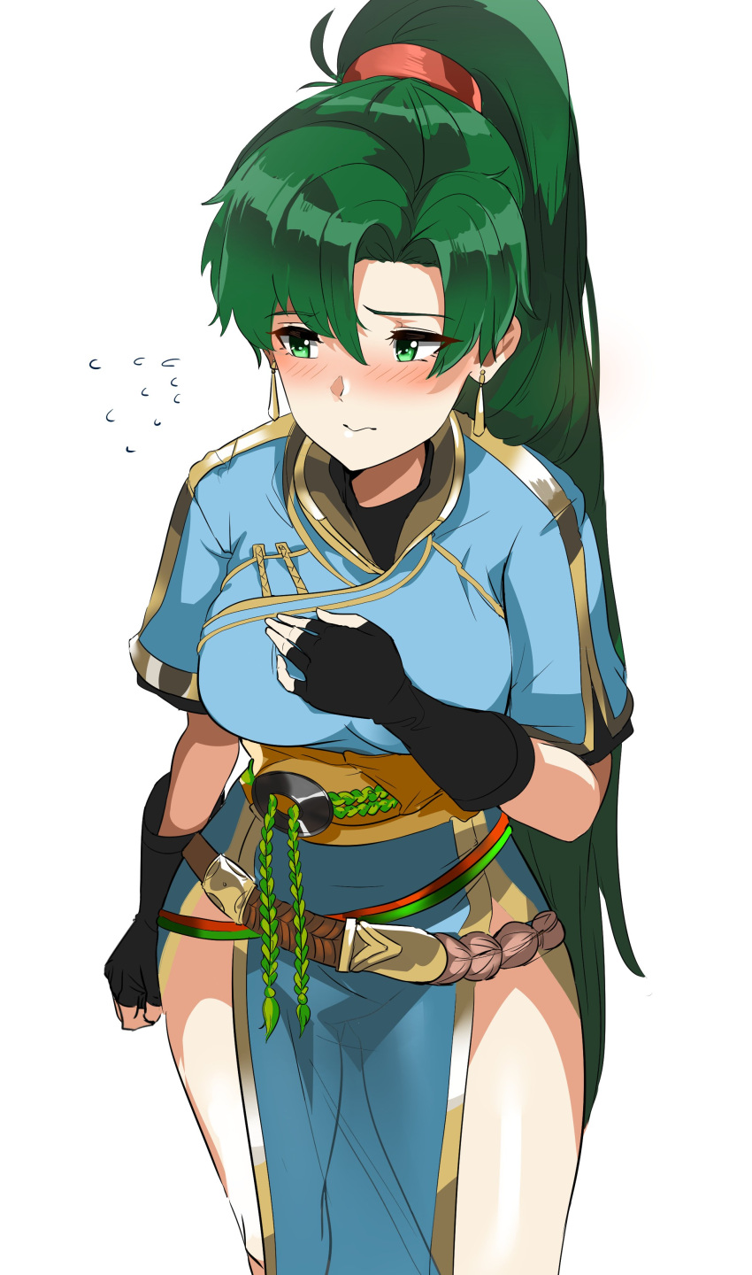 1girl absurdres earrings fingerless_gloves fire_emblem fire_emblem:_rekka_no_ken gloves green_eyes green_hair highres jewelry long_hair lyndis_(fire_emblem) ormille ponytail side_slit