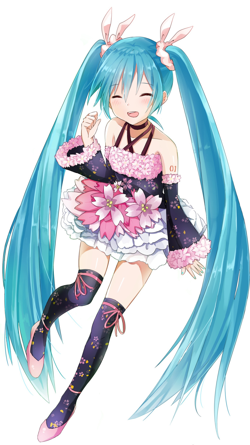 1girl absurdres alternate_costume aqua_hair black_legwear closed_eyes detached_sleeves eyebrows_visible_through_hair full_body hatsune_miku highres long_hair number_tattoo open_mouth scrunchie simple_background solo tattoo thigh-highs tsukiringo twintails very_long_hair vocaloid white_background