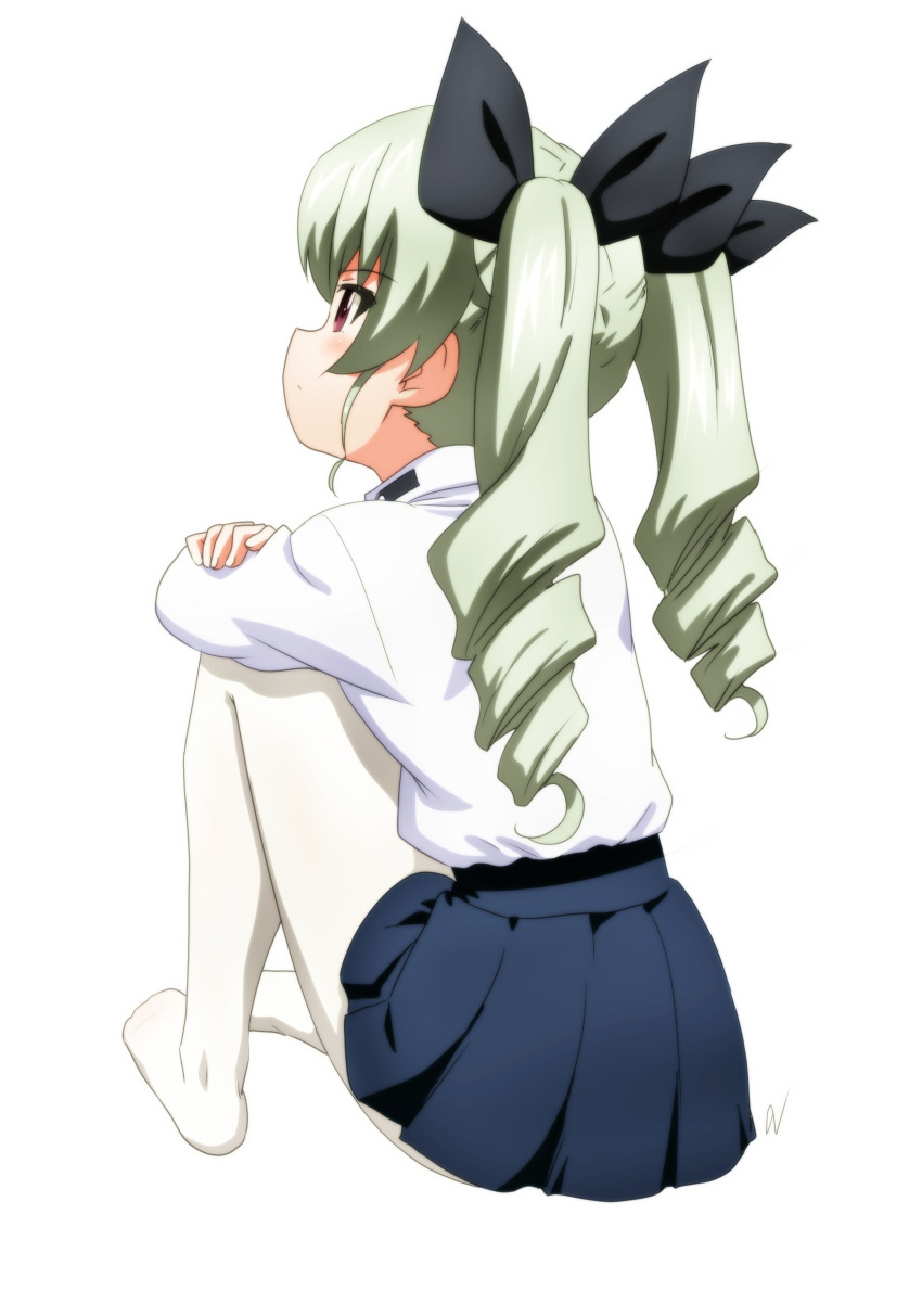 1girl absurdres anchovy anzio_school_uniform bangs black_skirt closed_mouth commentary cwind dress_shirt drill_hair eyebrows_visible_through_hair facing_away from_behind full_body girls_und_panzer green_hair highres leg_hug light_frown long_hair long_sleeves miniskirt pantyhose pleated_skirt red_eyes school_uniform shirt simple_background sitting skirt solo twin_drills twintails white_background white_legwear white_shirt